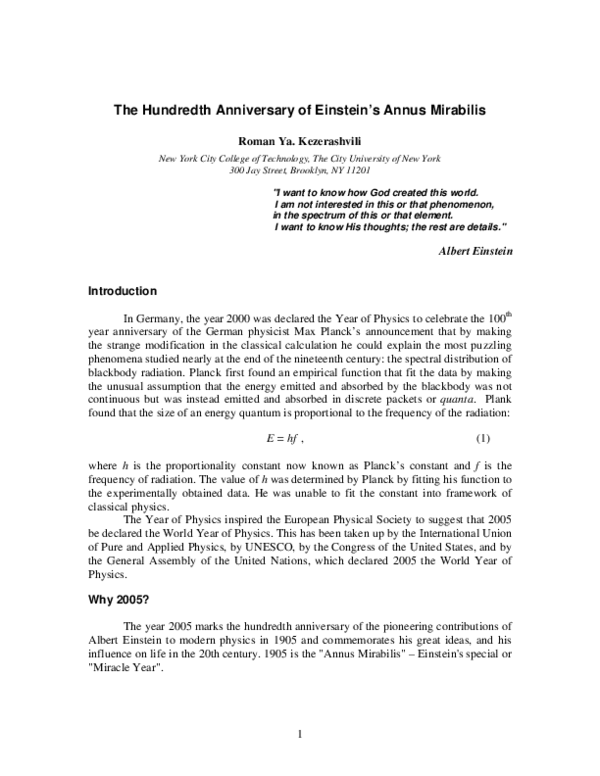 (PDF) The Hundredth Anniversary of Einstein's Annus Mirabilis