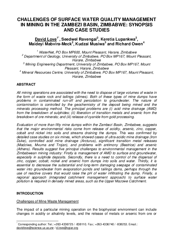 (PDF) Challenges of Surface Water Quality Management in Mining in the ...