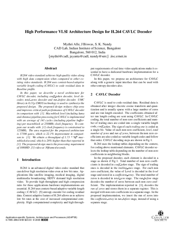 (PDF) High Performance VLSI Architecture Design for H.264 CAVLC Decoder