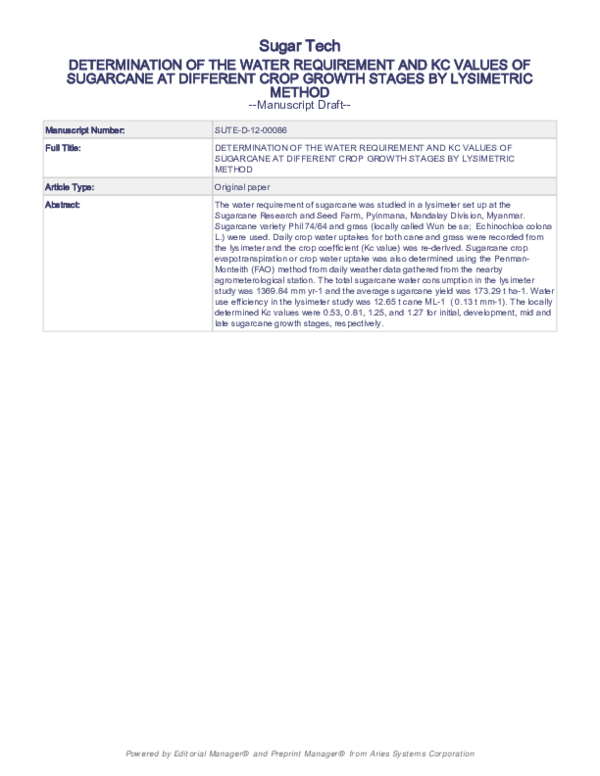 (PDF) Determination of the Water Requirement and Kc Values of Sugarcane ...