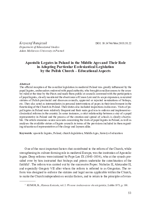 Apostolic Legates in Poland in the Middle Ages and Their Role in Adopting Particular Ecclesiastical Legislation by the Polish Church – Educational Aspects