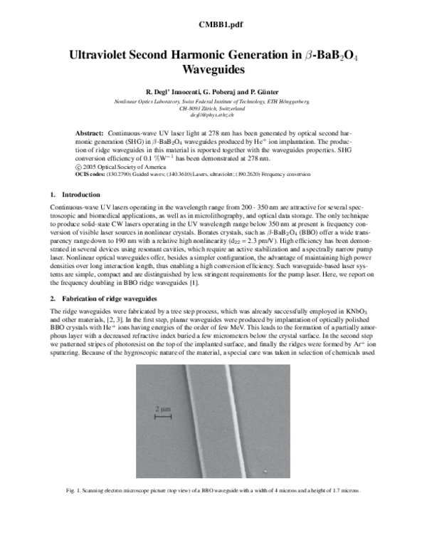 (PDF) Ultraviolet Second Harmonic Generation in ß-BaB 2 O 4 Waveguides