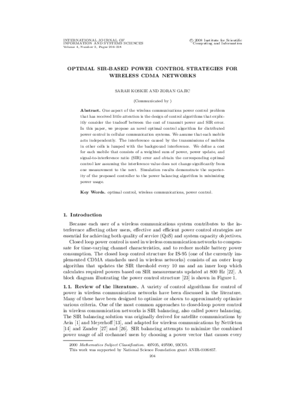 (PDF) Optimal SIR-based power control strategies for wireless CDMA networks