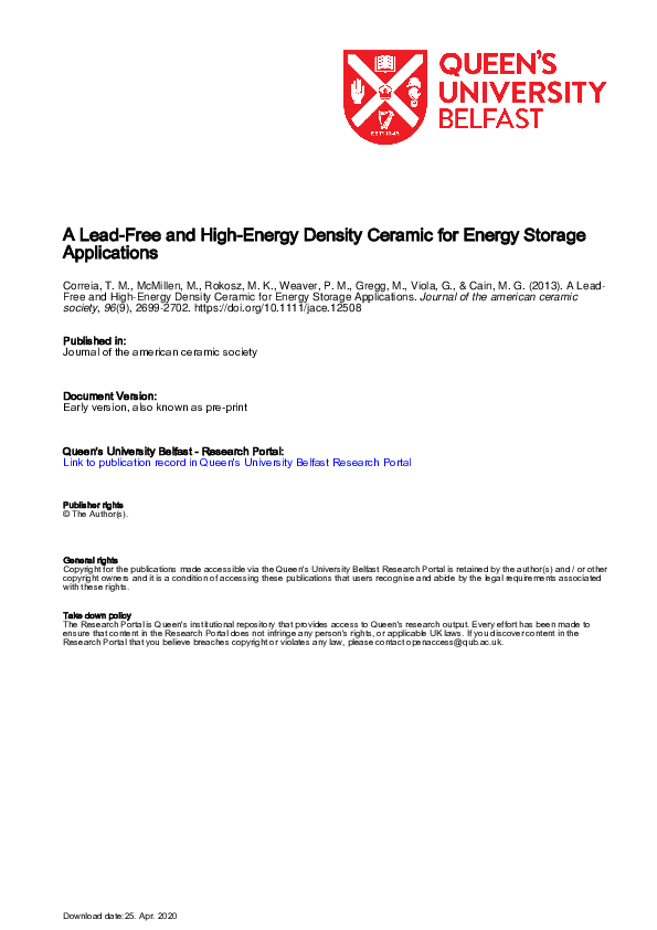 (PDF) A Lead-Free and High-Energy Density Ceramic for Energy Storage ...