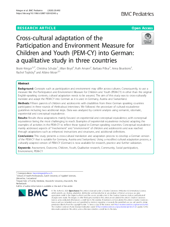 (PDF) Cross-cultural adaptation of the Participation and Environment ...
