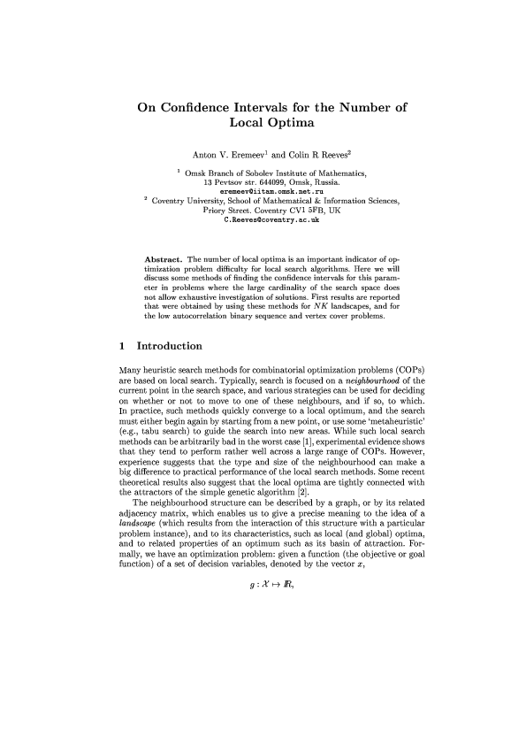 Pdf On Confidence Intervals For The Number Of Local Optima Colin Reeves Academia Edu