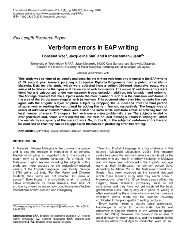 (PDF) Verbform errors in EAP writing Jacqueline Sim Academia.edu