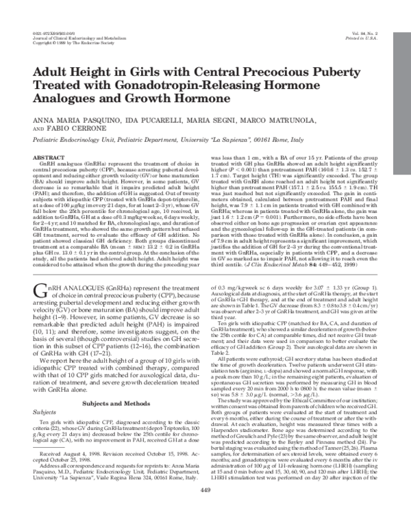 (PDF) Adult Height in Girls with Central Precocious Puberty Treated ...