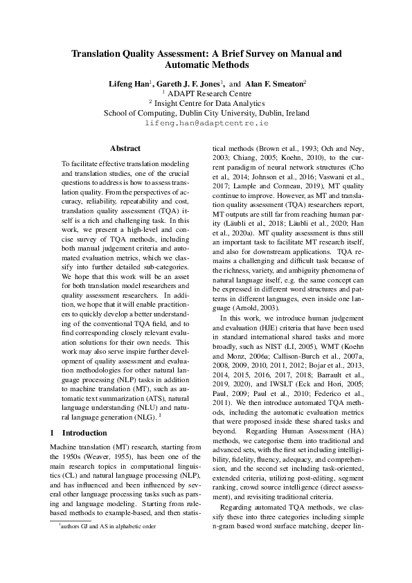 (PDF) Translation Quality Assessment: A Brief Survey on Manual and ...