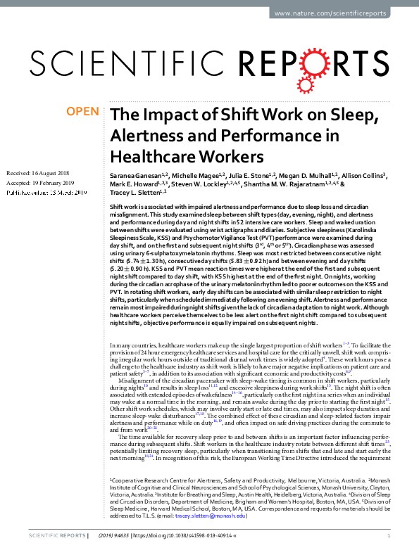(PDF) The Impact of Shift Work on Sleep, Alertness and Performance in ...