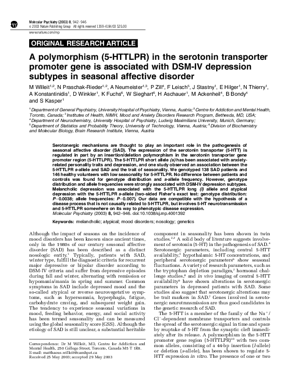 (PDF) A polymorphism (5-HTTLPR) in the serotonin transporter promoter ...