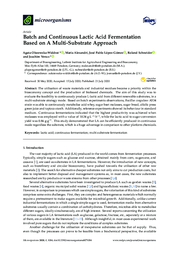 (PDF) Batch and Continuous Lactic Acid Fermentation Based on A Multi ...