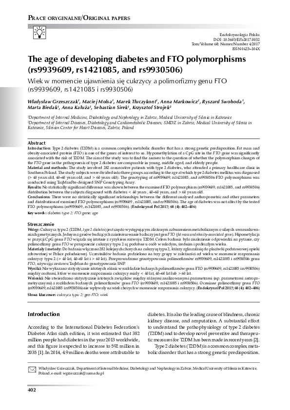 (PDF) The age of developing diabetes and FTO polymorphisms (rs9939609 ...