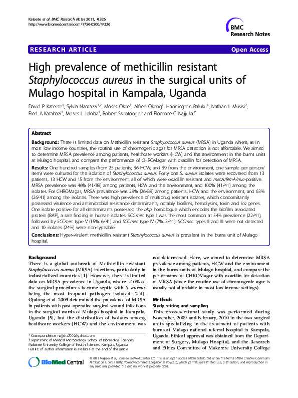 (PDF) High Prevalence of Methicillin-resistant Staphylococcus aureus ...