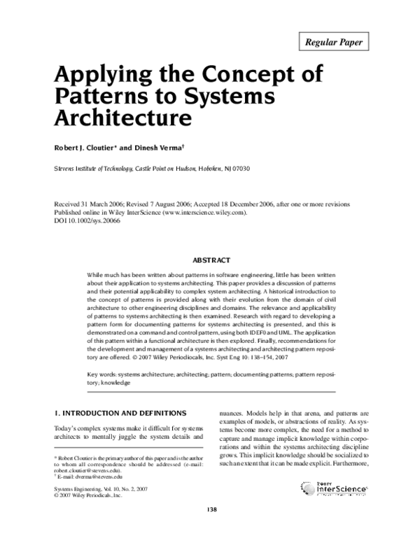 (PDF) Applying the concept of patterns to systems architecture