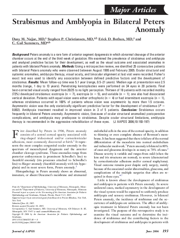 (PDF) Strabismus and Amblyopia in Bilateral Peters Anomaly