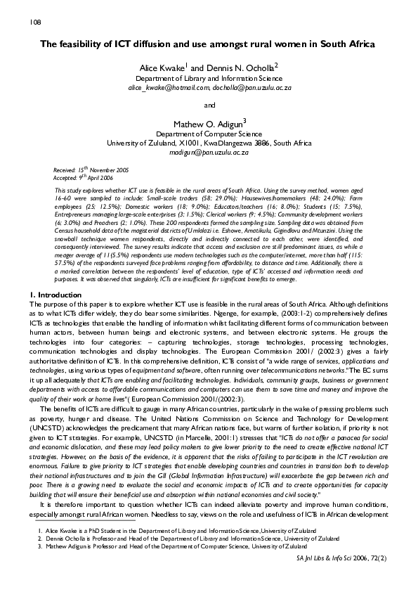 (PDF) The feasibility of ICT diffusion and use amongst rural women in ...