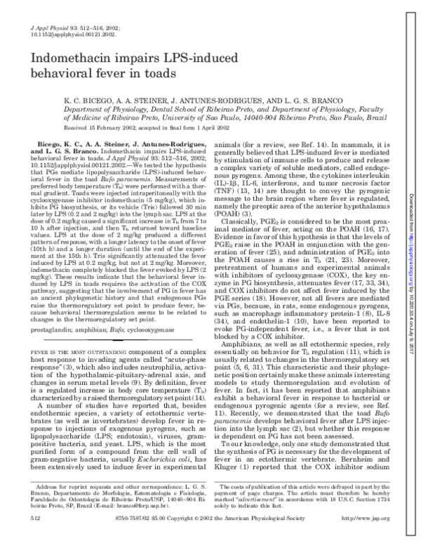 (PDF) Indomethacin impairs LPS-induced behavioral fever in toads