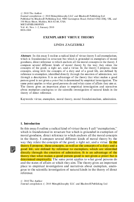 (PDF) Exemplarist Virtue Theory
