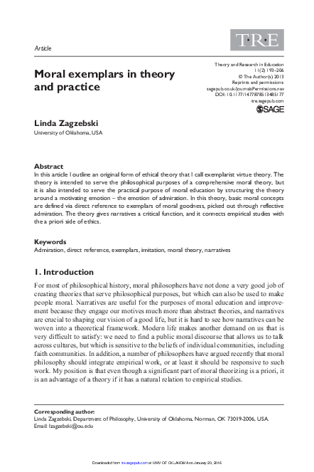 (PDF) Moral exemplars in theory and practice