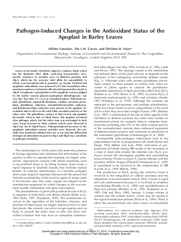 (PDF) Pathogen-Induced Changes in the Antioxidant Status of the ...