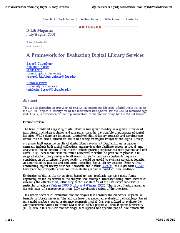 Pdf A Framework For Evaluating Digital Library Services Pdf A Framework For Evaluating Digital Library Services