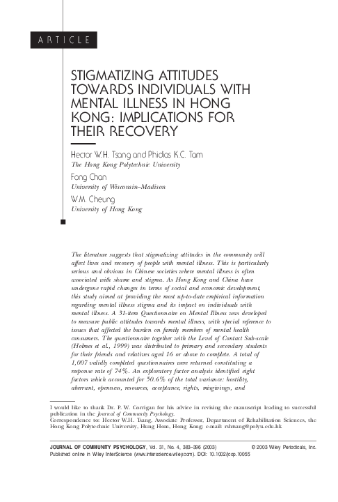 (PDF) Stigmatizing attitudes towards individuals with mental illness in ...