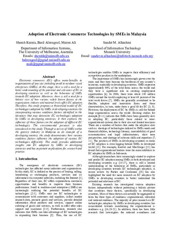 (PDF) Adoption of electronic commerce technologies by SMEs in Malaysia
