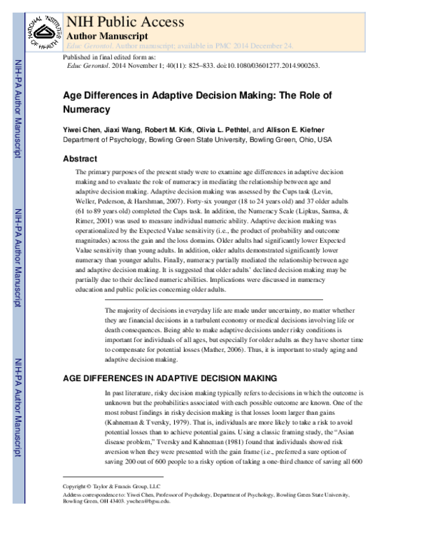 (PDF) Age Differences in Adaptive Decision Making: The Role of Numeracy