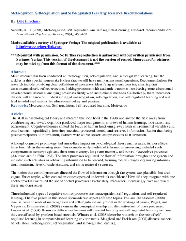 (PDF) Metacognition, Self Regulation, and Self-regulated Learning: A ...