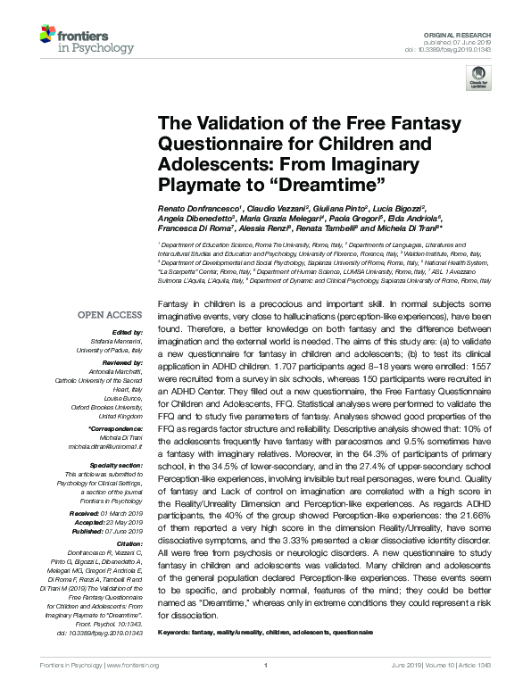 (PDF) The Validation of the Free Fantasy Questionnaire for Children and ...
