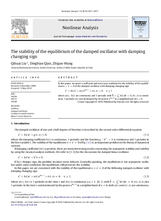 (PDF) The stability of the equilibrium of the damped oscillator with ...