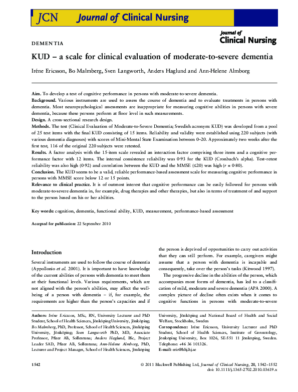 (PDF) KUD - a scale for clinical evaluation of moderate-to-severe dementia