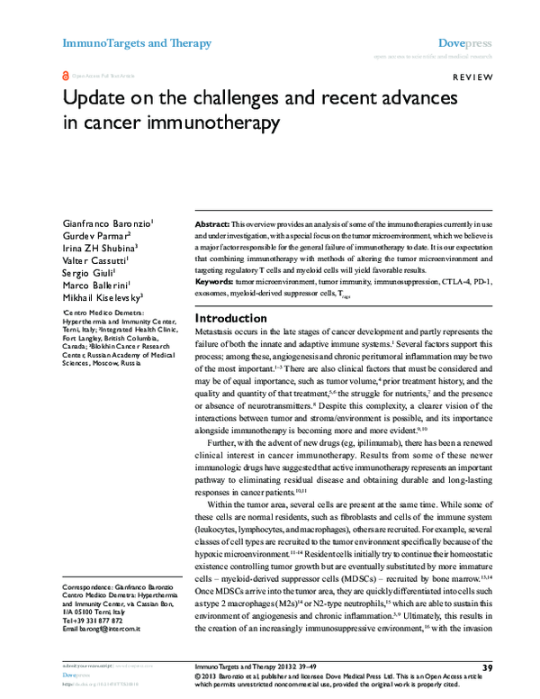 (PDF) Update on the challenges and recent advances in cancer immunotherapy