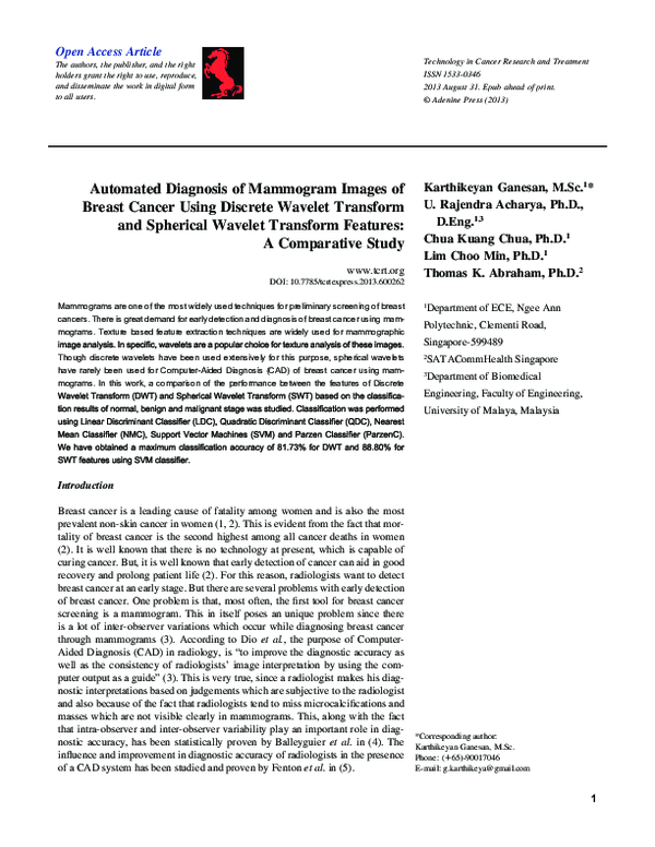 (PDF) Automated Diagnosis of Mammogram Images of Breast Cancer Using ...