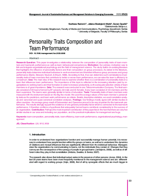 (PDF) Personality Traits Composition and Team Performance