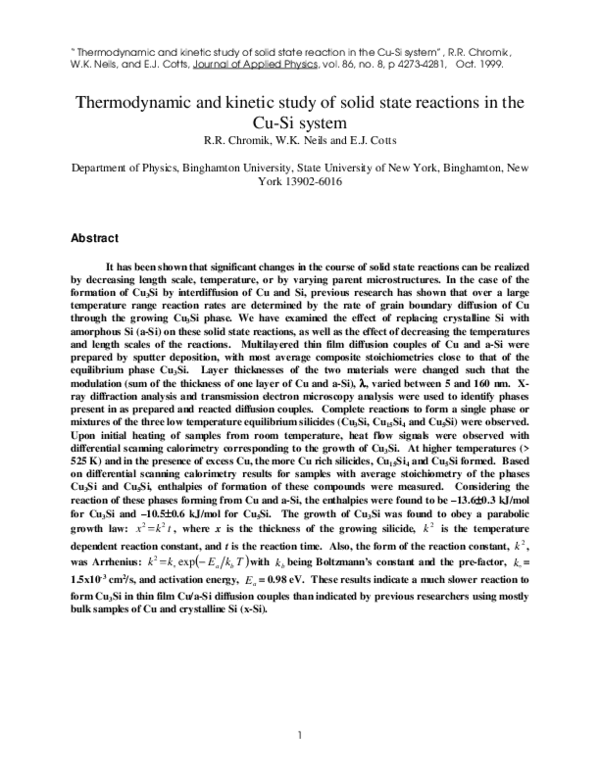 (PDF) Thermodynamic and kinetic study of solid state reactions in the ...