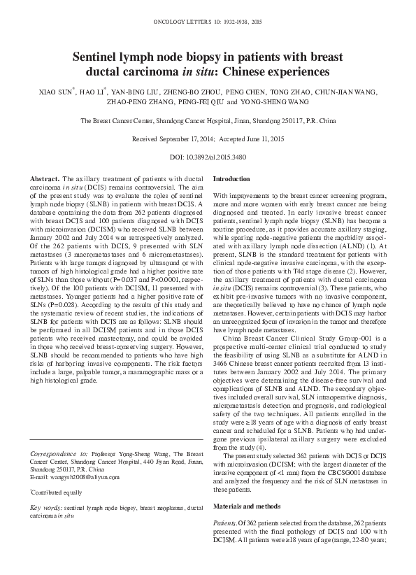 (PDF) Sentinel lymph node biopsy in patients with breast cancer using ...