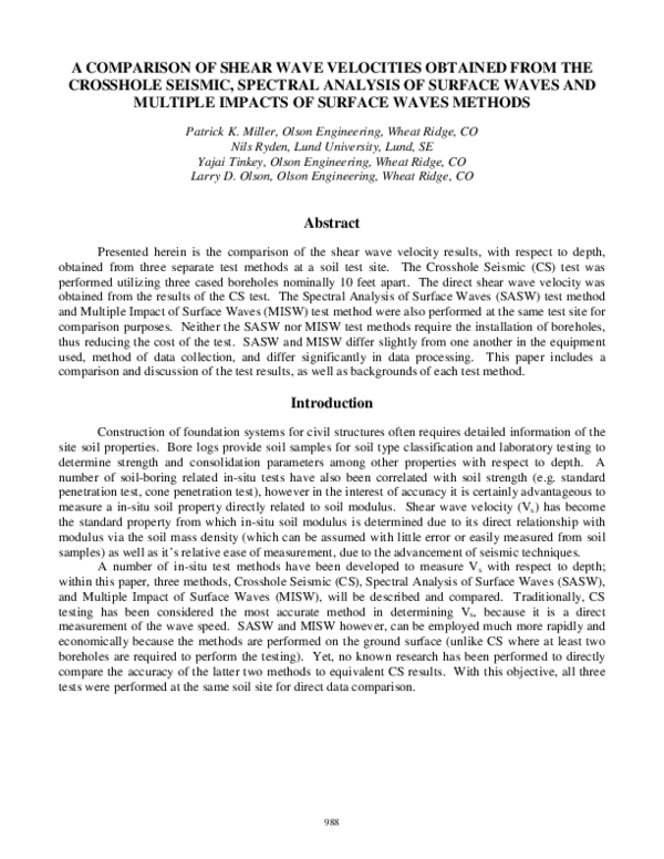 (PDF) A Comparison of Shear Wave Velocities Obtained from the Crosshole ...