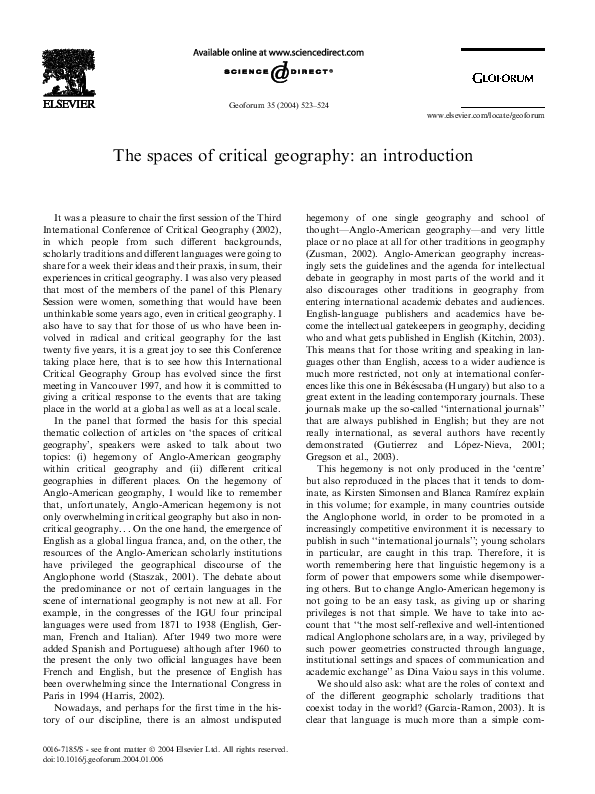 (PDF) The spaces of critical geography an introduction Maria Dolors GarciaRamon Academia.edu