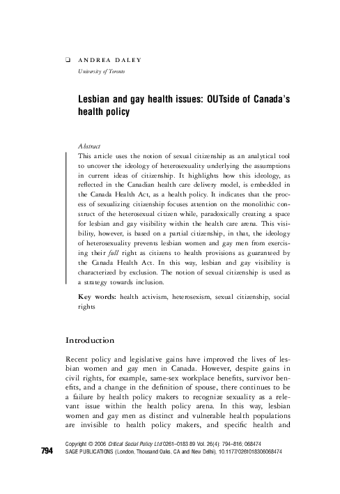 (PDF) Lesbian and gay health issues: OUTside of Canada's health policy