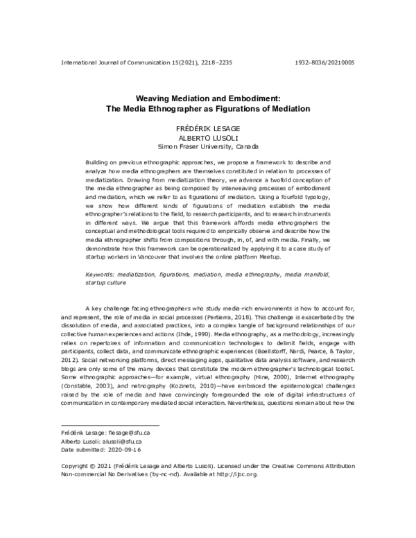 (PDF) Weaving Mediation and Embodiment: The Media Ethnographer as ...