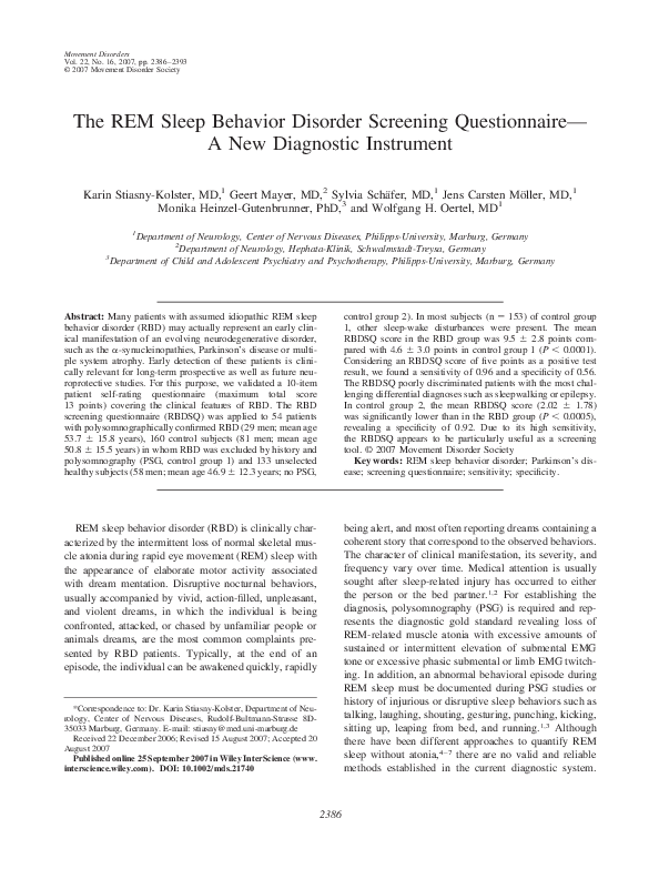 (PDF) The REM sleep behavior disorder screening questionnaireA new
