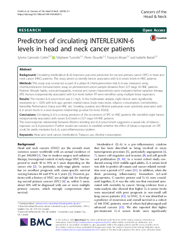 (PDF) Predictors of circulating INTERLEUKIN-6 levels in head and neck ...