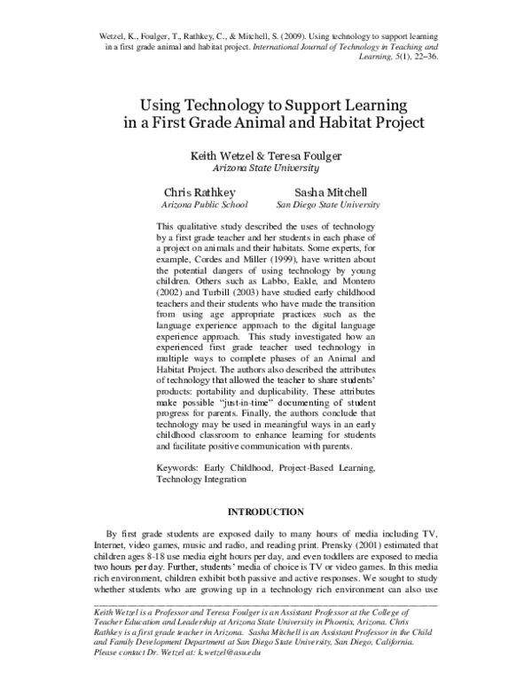 (PDF) Using Technology to Support Learning in a First Grade Animal and ...