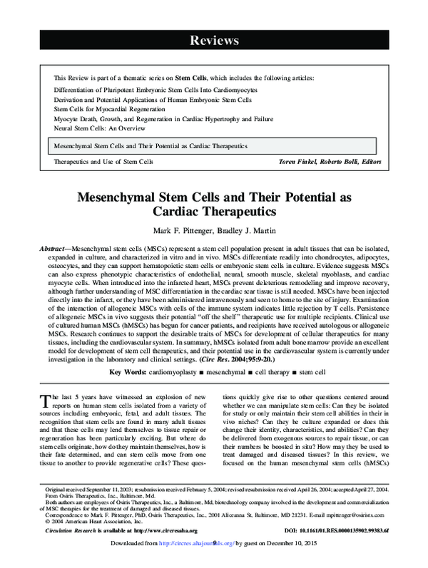 (PDF) Mesenchymal Stem Cells and Their Potential as Cardiac Therapeutics