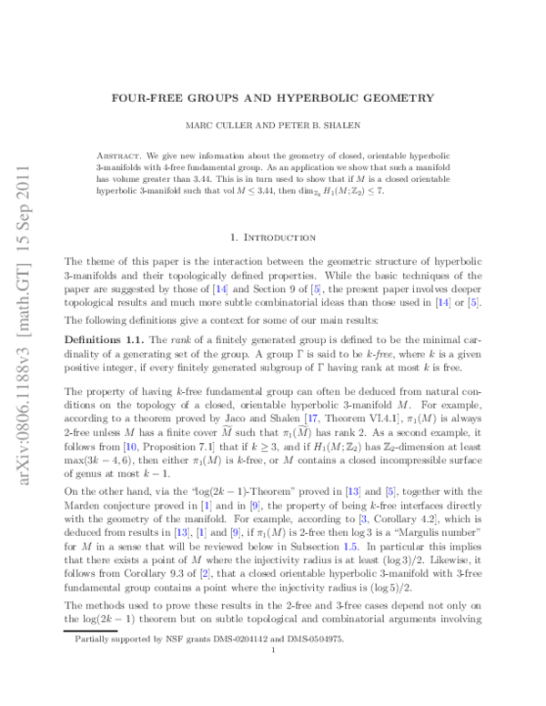 (PDF) 4-FREE Groups and Hyperbolic Geometry