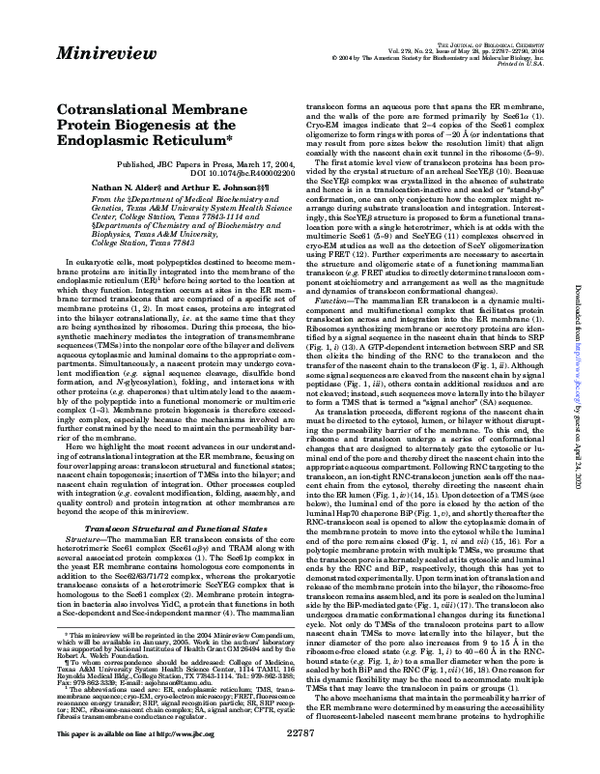 (PDF) Cotranslational Membrane Protein Biogenesis at the Endoplasmic ...