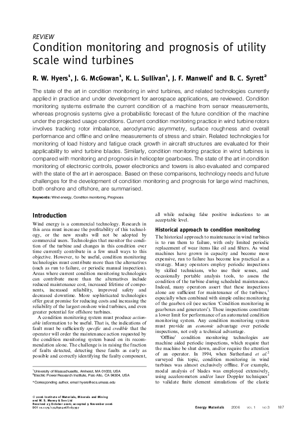 (PDF) Condition monitoring and prognosis of utility scale wind turbines