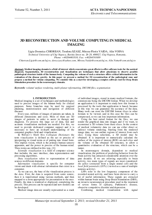 (PDF) 3D Reconstruction and Volume Computing in Medical Imaging